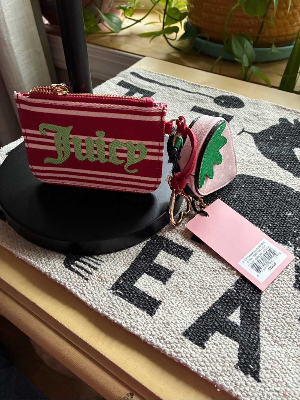 Juicy Couture Red and White Stripe Coin Purse with Pink Strawberry Charm